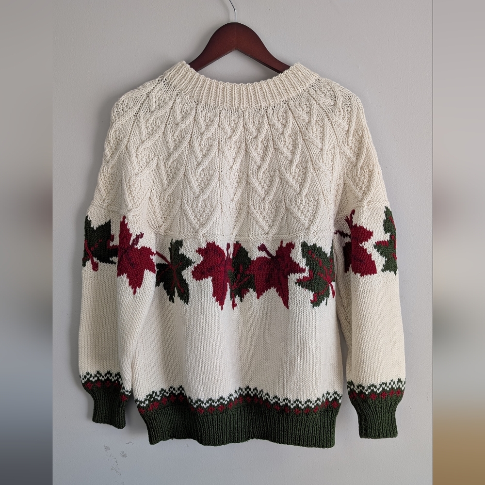 Handmade Knit Sweater, Cream w Red & Green Leaves, Crewneck Pullover Sweater - Picture 3 of 14